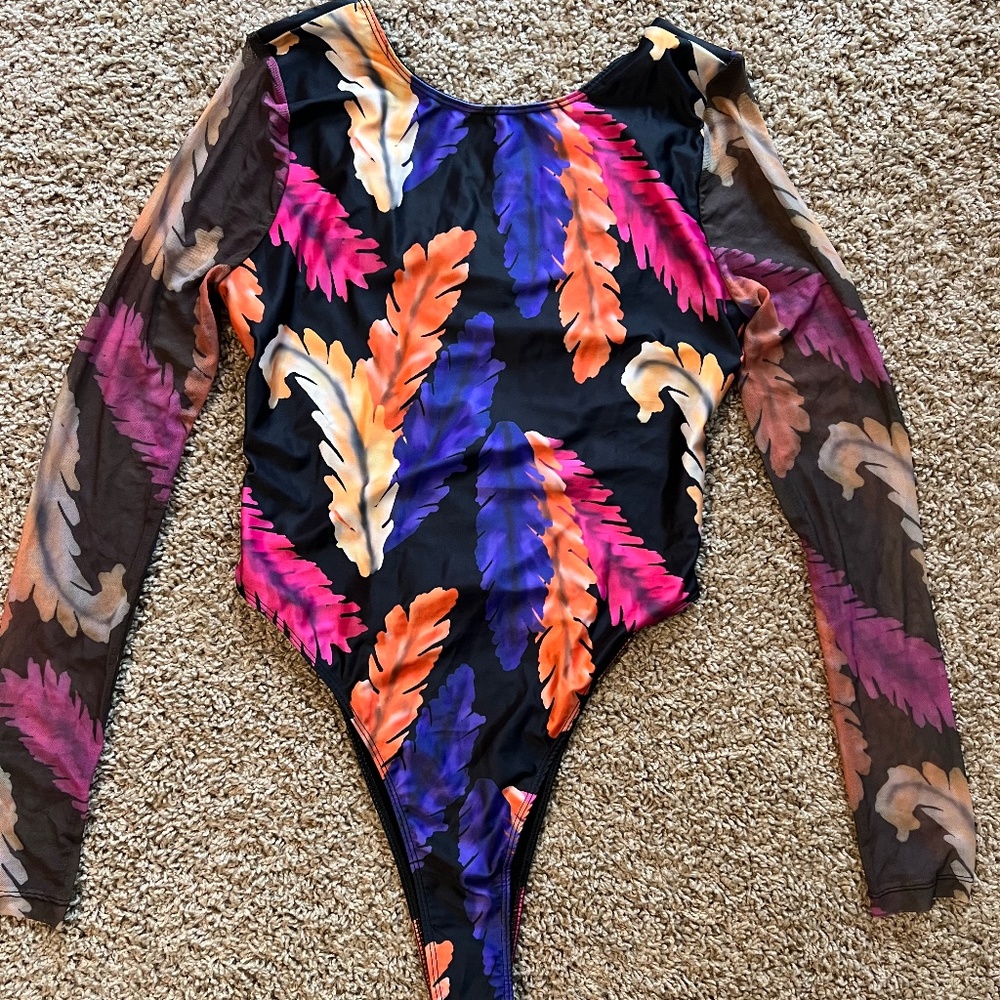 Icon Swim- Monokini -sheer sleeve swimsuit, Multi Color- Size Large